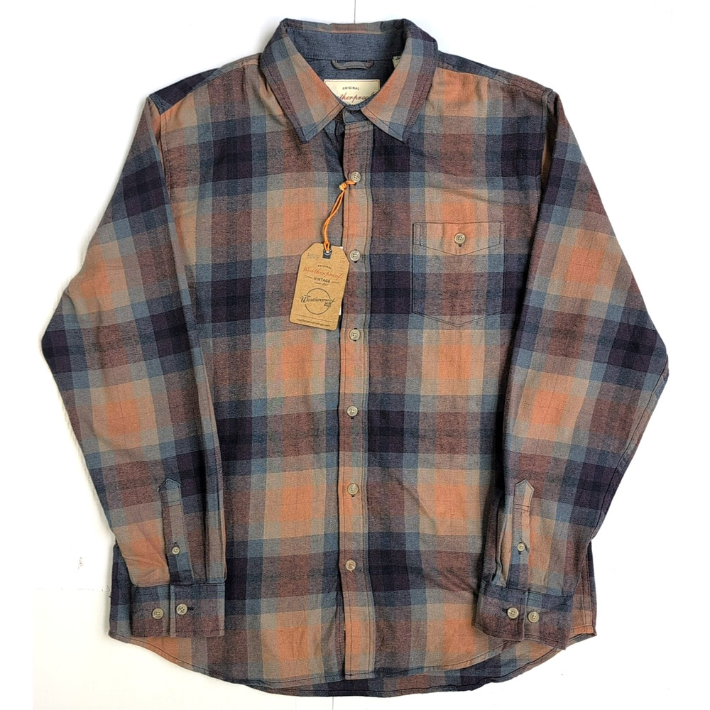 Weatherproof Vintage Men’s L Flannel Shirt Brown Plaid Long Sleeve Button Up NWT